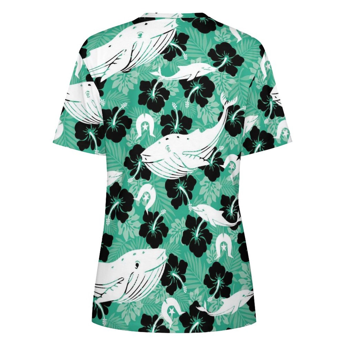 Black Hibiscus with Whale, Dolphin and Dhari on Cotton Summer Short Sleeve T-Shirts for Women