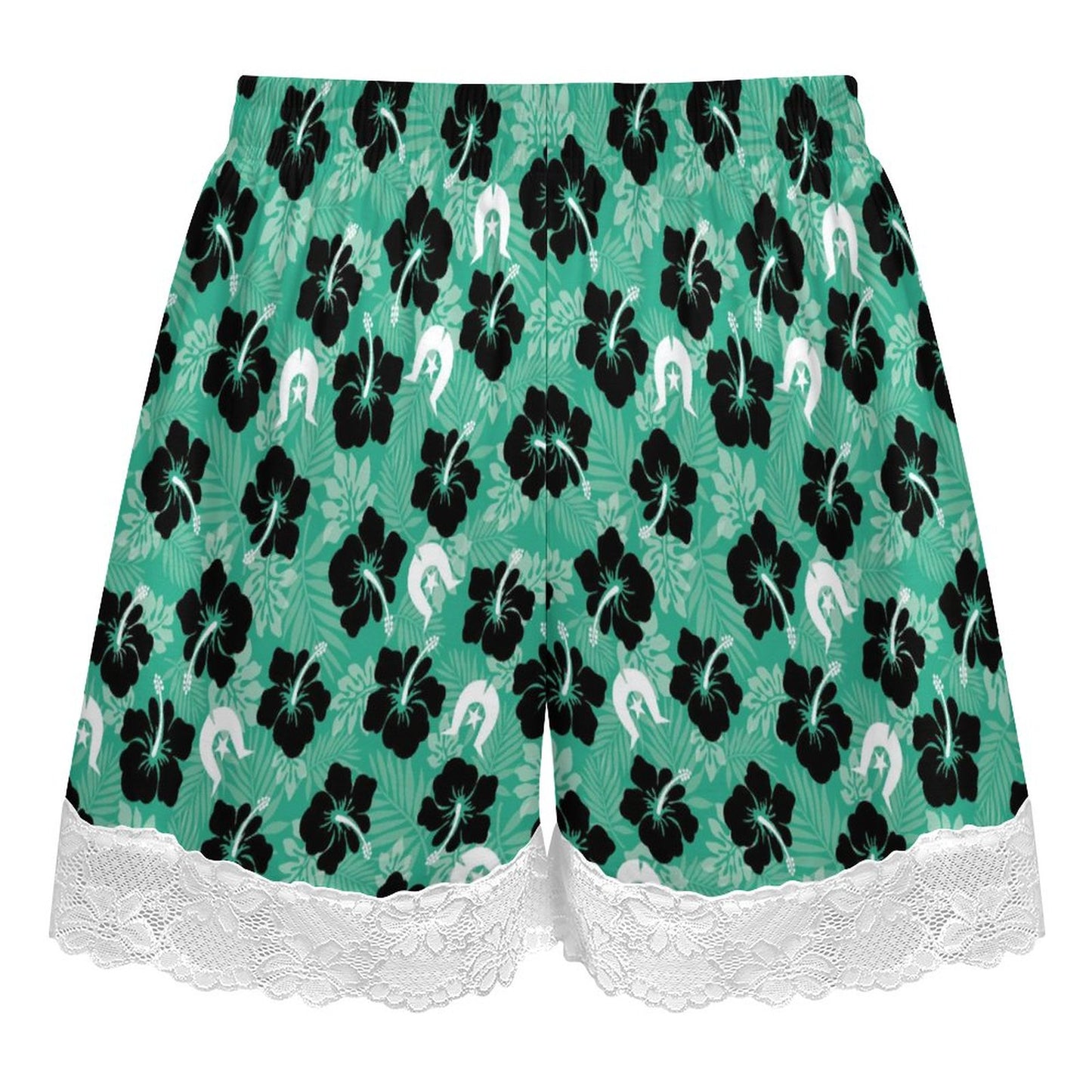 Black Hibiscus with White Dhari on 200gsm Women's Lace Trim Pajama Shorts