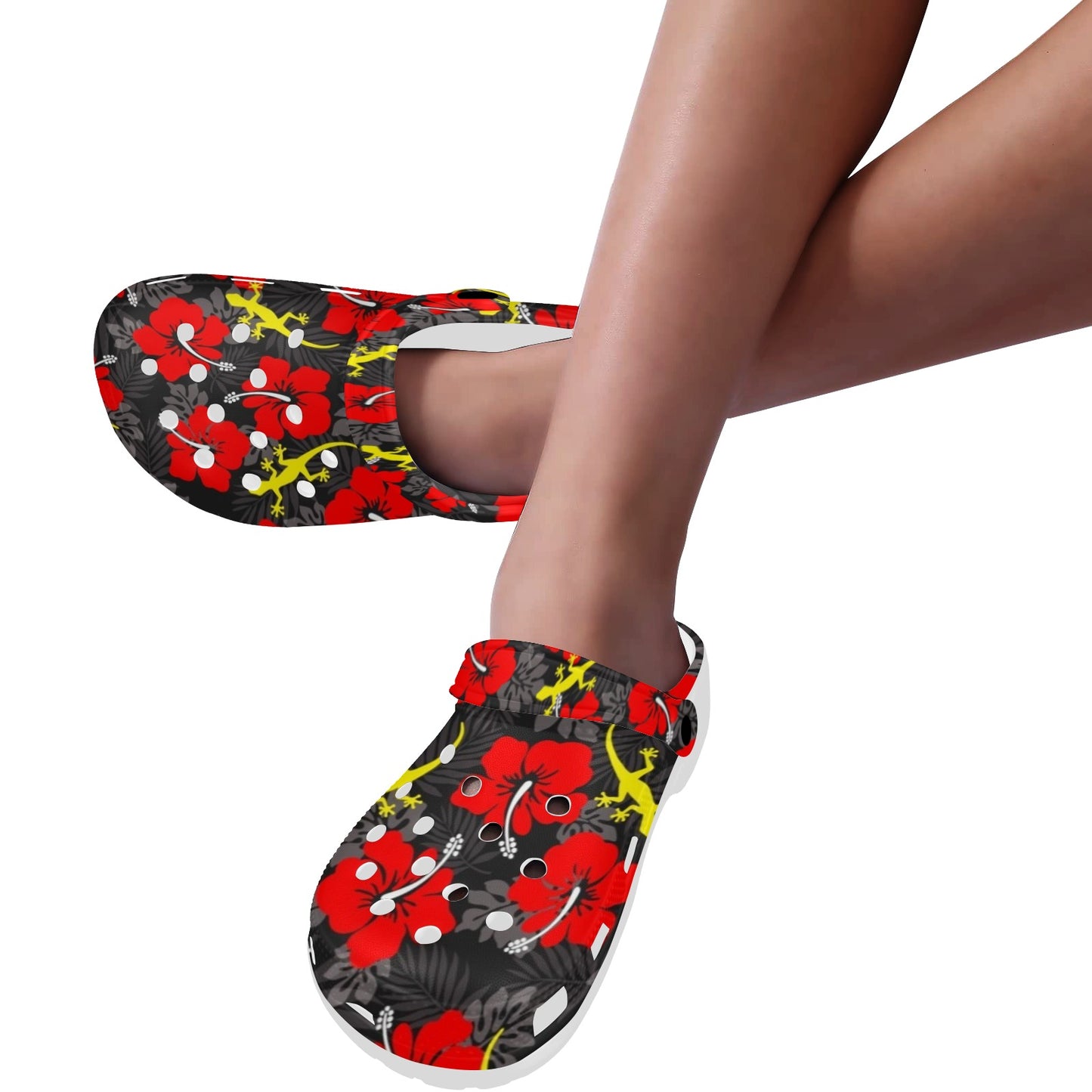 Royal Red Hibiscus flowers with Gecko on Adults Clogs