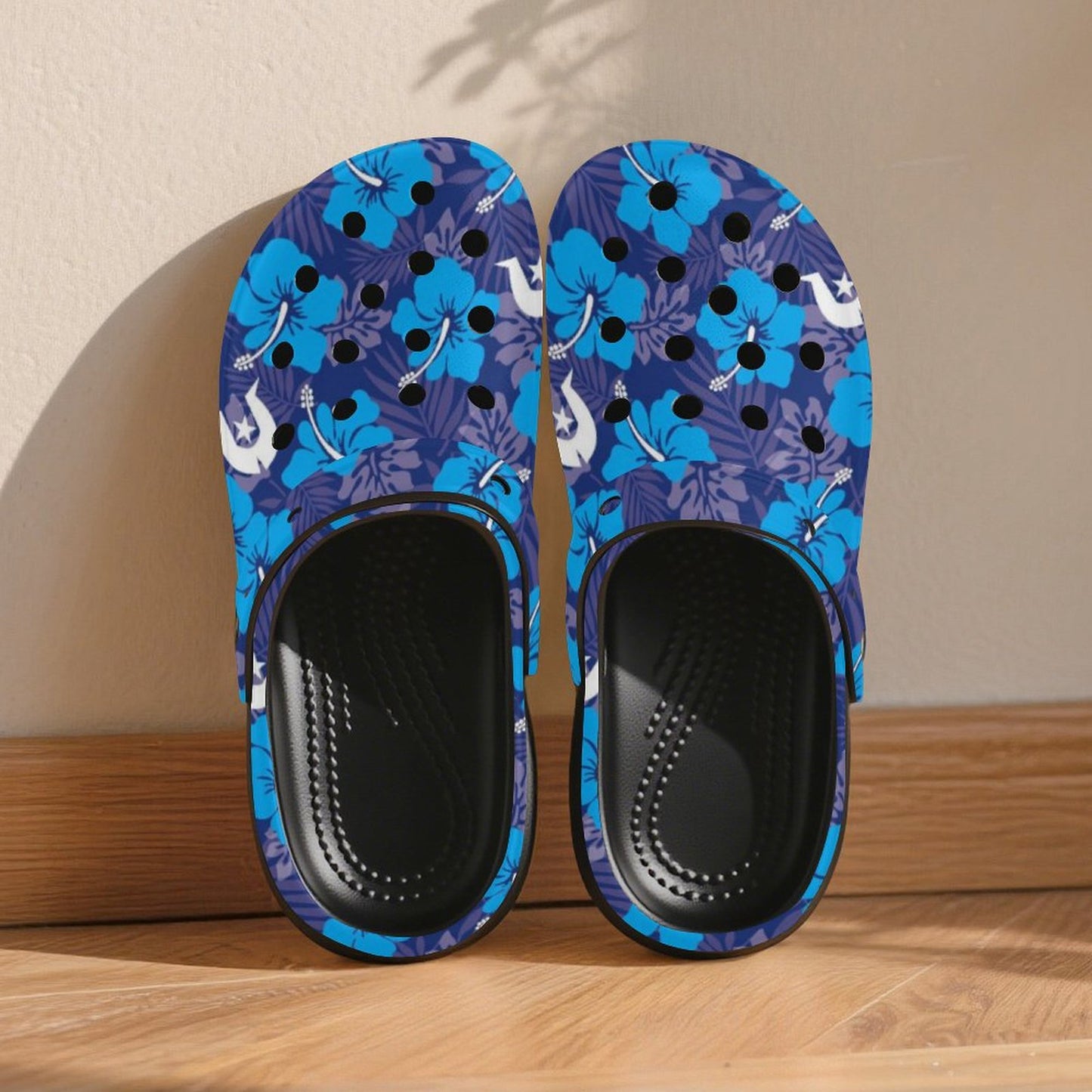 Hibiscus flowers with White Dhari (Royal blue) on Women's High-heeled Clogs