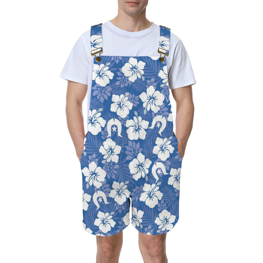 White Hibiscus flowers with Dhari (Blue) on Unisex Suspender Jumpsuit