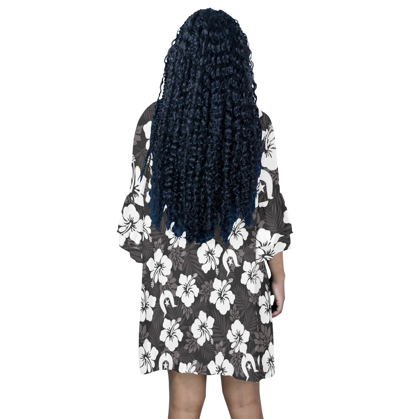 White Hibiscus and Dhari (Black) on Half Sleeves V-Neck Mini Dress