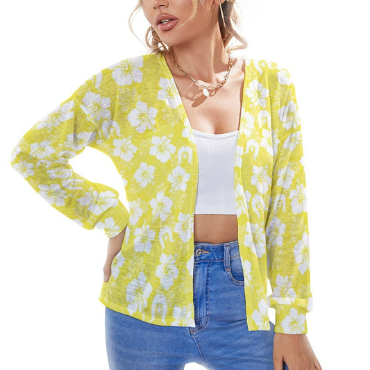 White Hibiscus flowers with Dhari (Yellow) on Long Sleeve Drop Shoulder Open Shirt