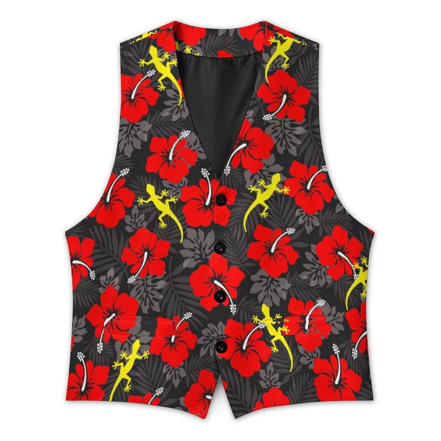 Royal Red Hibiscus flowers with Gecko on Men's Sleeveless Suit Vest