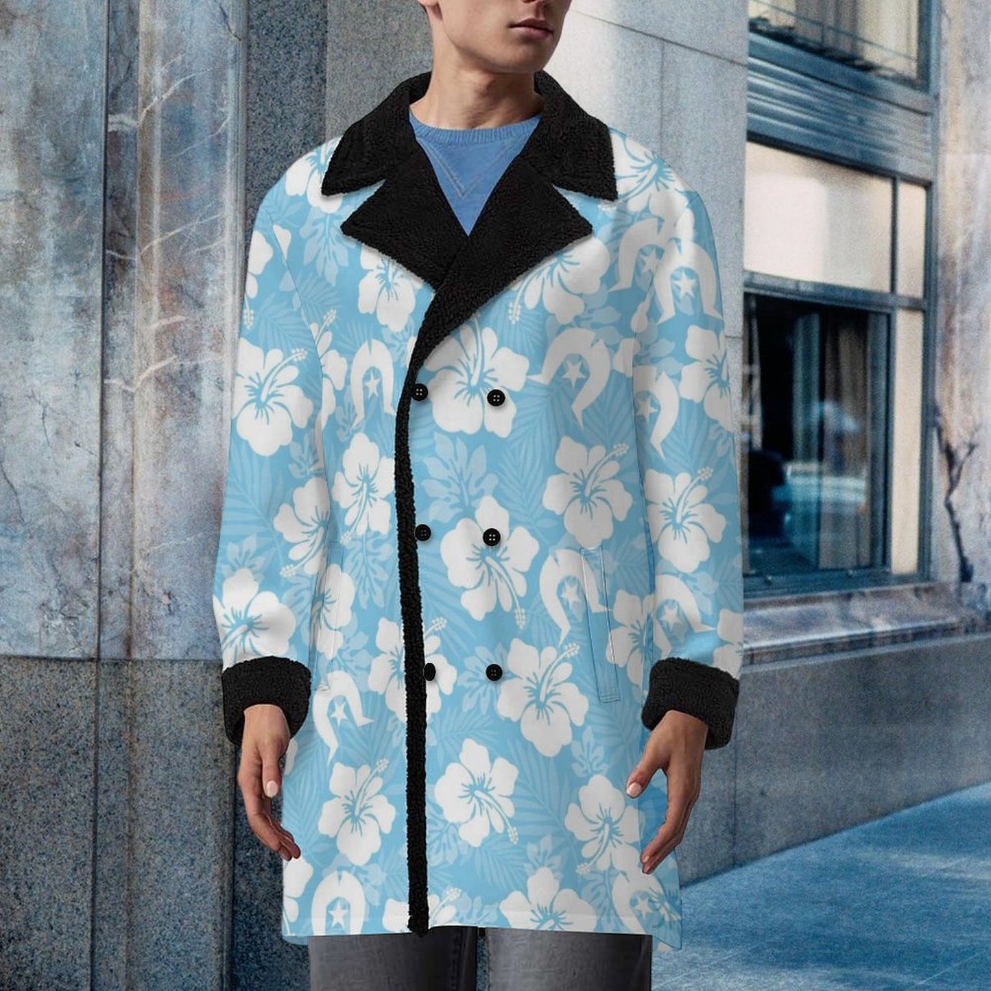 White Hibiscus and Dhari (blue) on Men's Double Breasted Coat