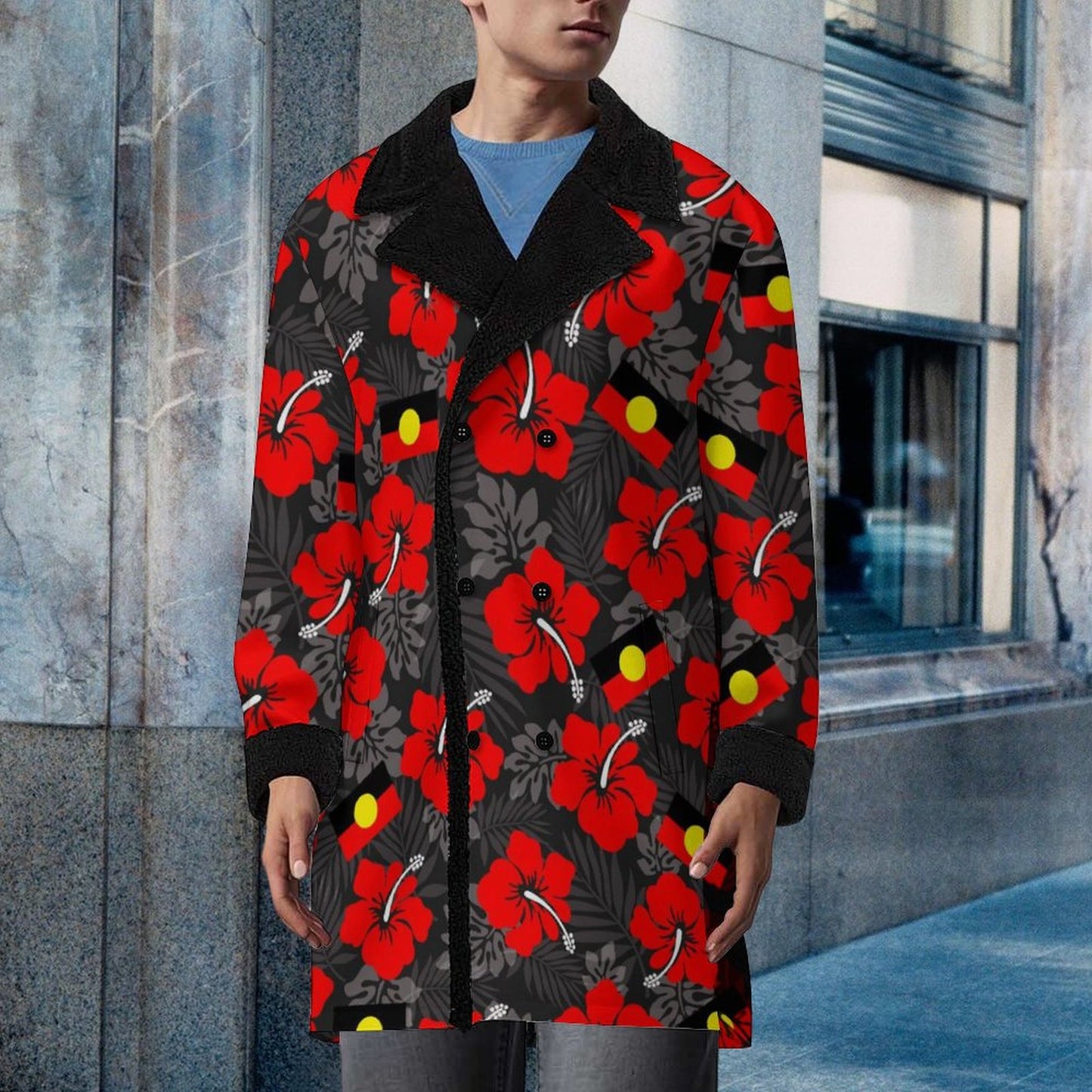 Royal Red Hibiscus and Aboriginal flag on Men's Double Breasted Coat