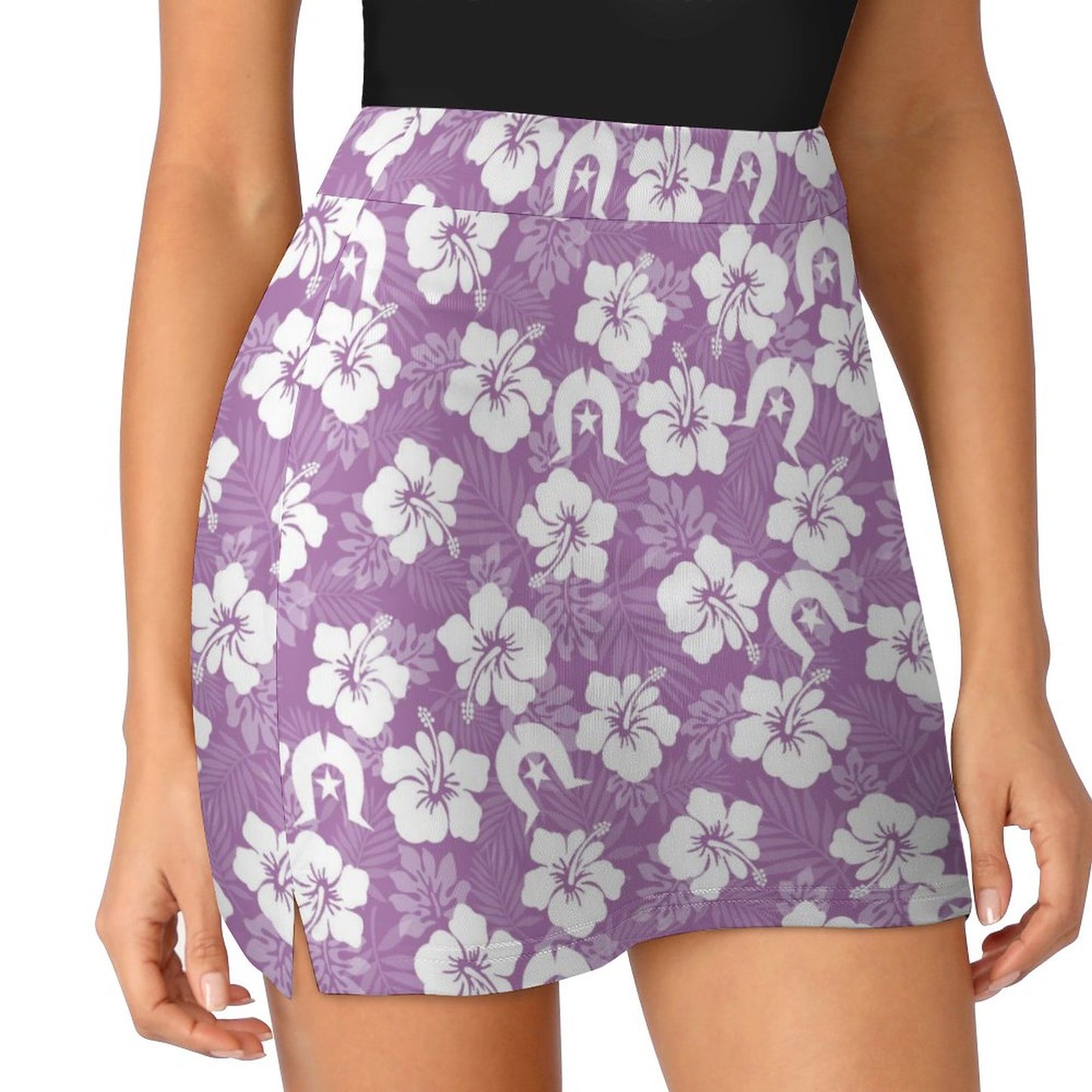 White Hibiscus and Dhari (Purple) on Anti-peep Skort with Pocket AMQ