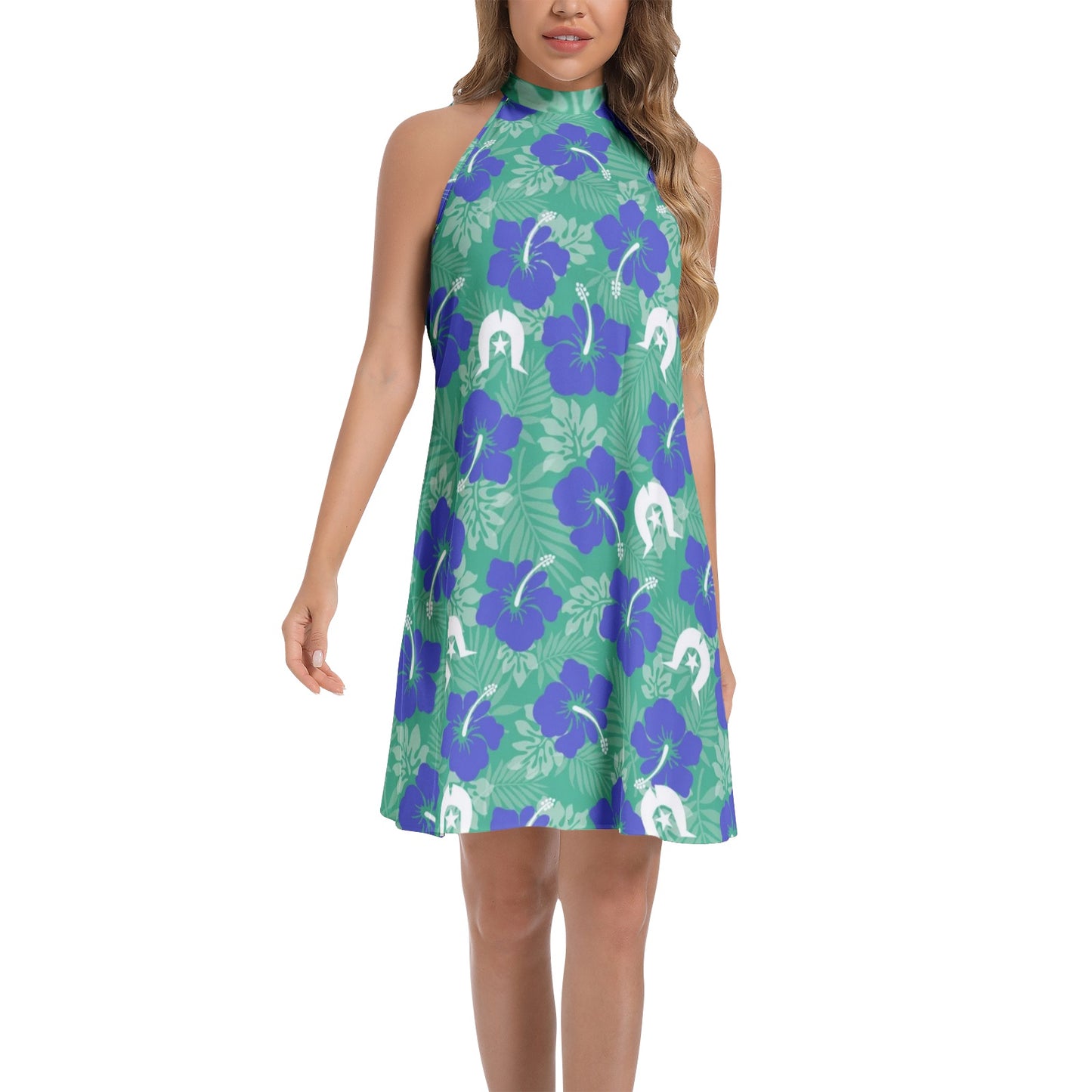 Royal Blue Hibiscus flowers with Dhari on Tie Back Halter Neck Flared Dress