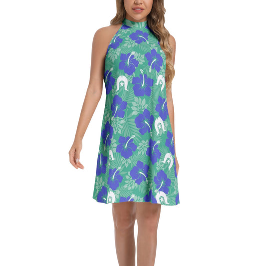 Royal Blue Hibiscus flowers with Dhari on Tie Back Halter Neck Flared Dress