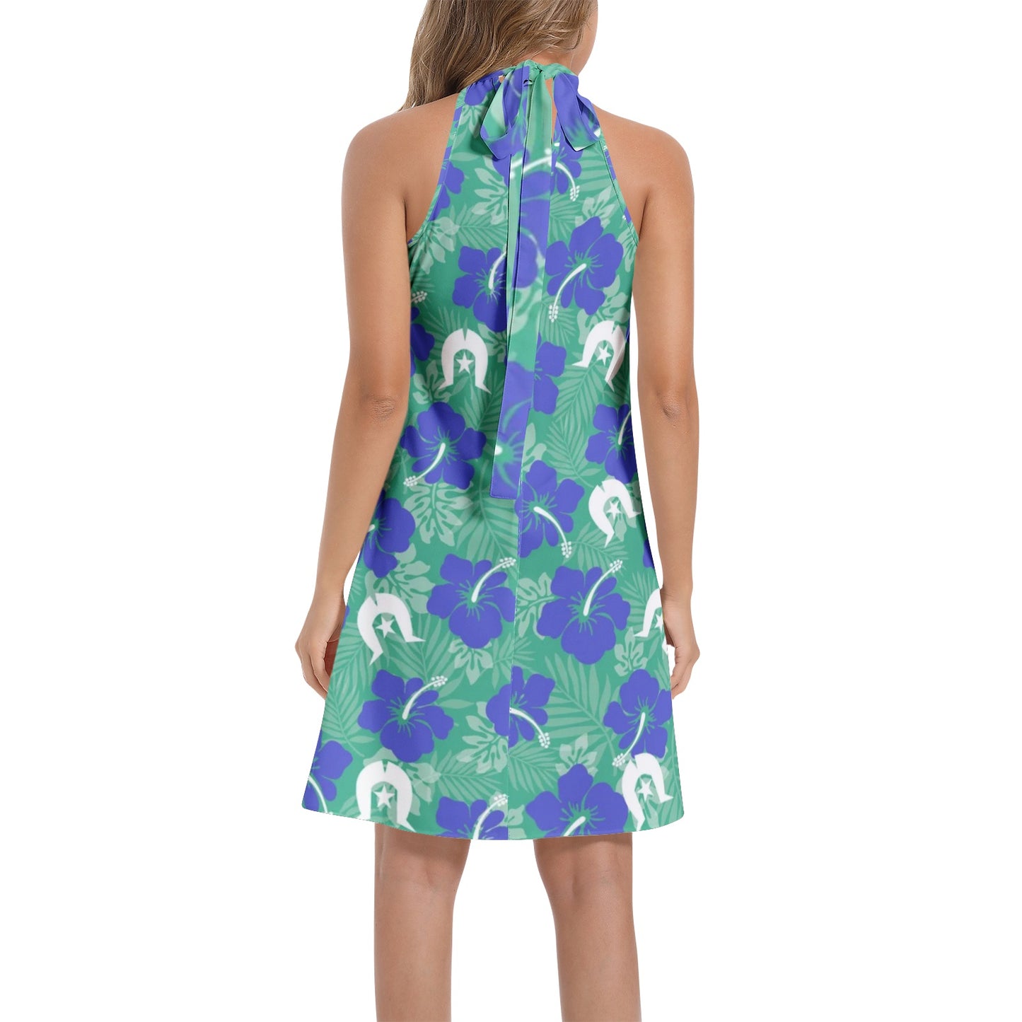 Royal Blue Hibiscus flowers with Dhari on Tie Back Halter Neck Flared Dress