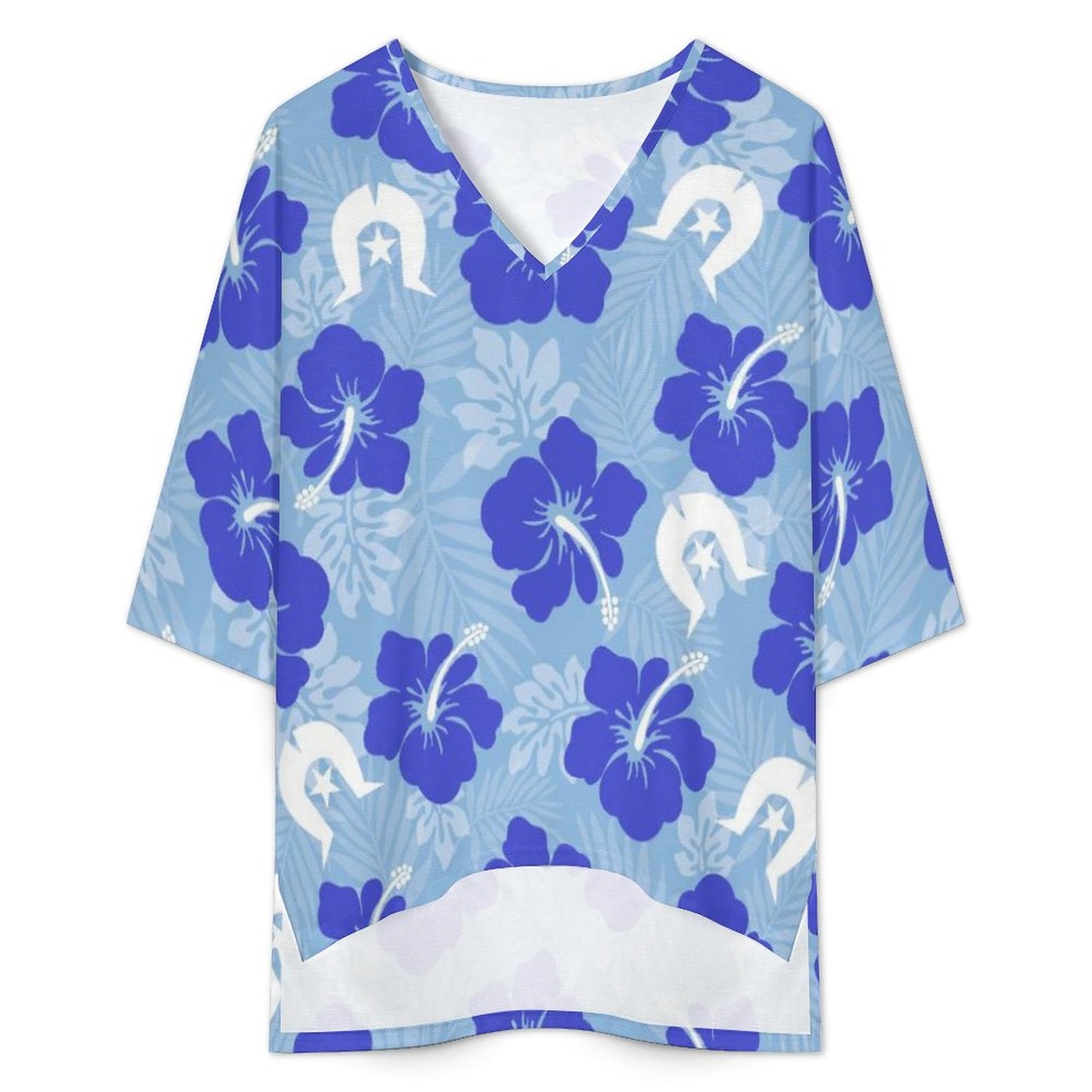 Hibiscus flowers with White Dhari (Sky blue) on Mediterranean Style V-Neck Suit