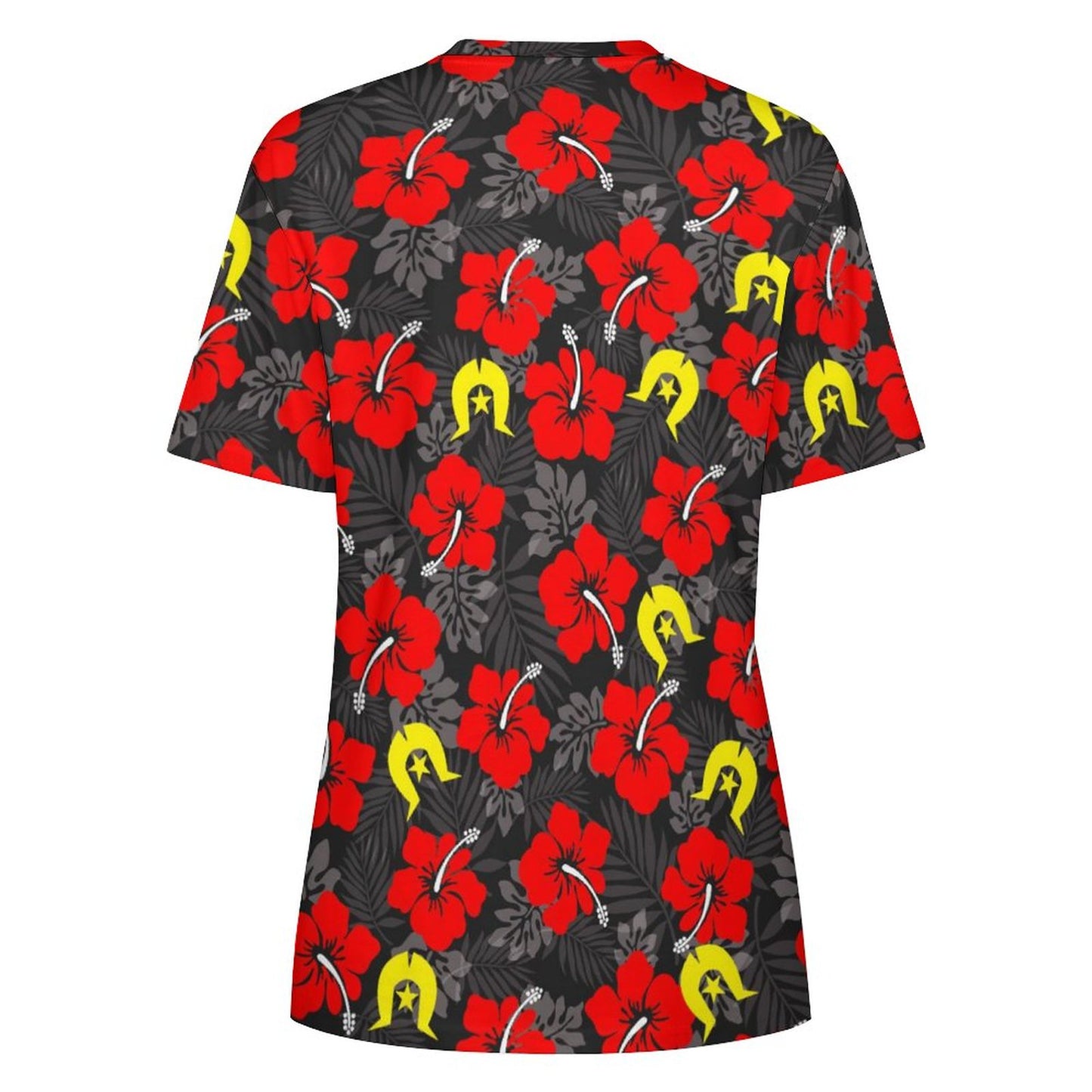 Royal Red Hibiscus with Yellow Dhari on Cotton Summer Short Sleeve T-Shirts for Women