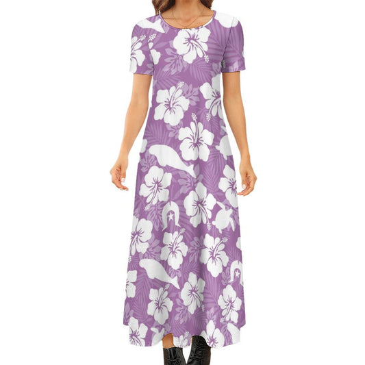 White Hibiscus flowers with Dugong, Turtle and Dhari on Round Neck Short Sleeve Dress