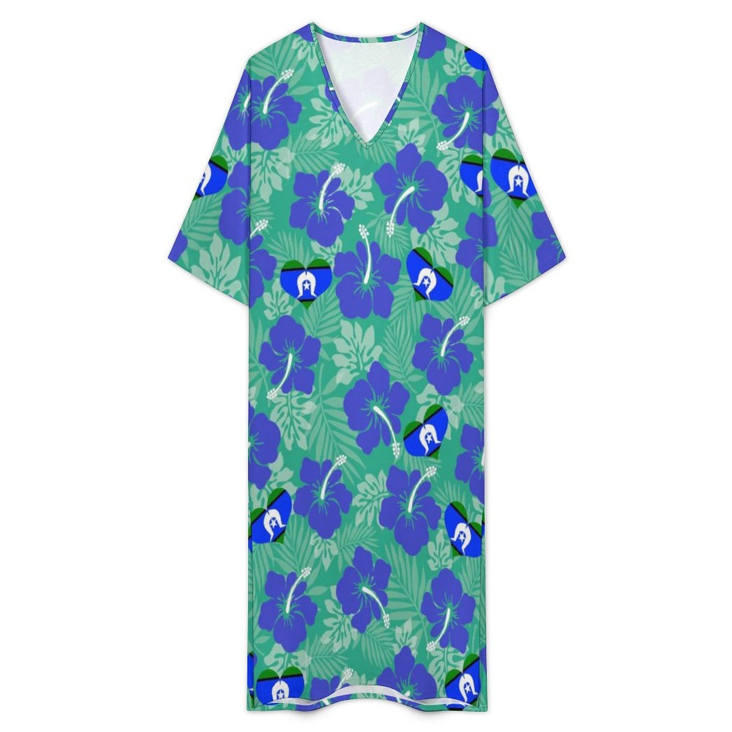 Hibiscus flowers with Torres Strait flag on Mediterranean Style V Neck Mid-Sleeve Robe