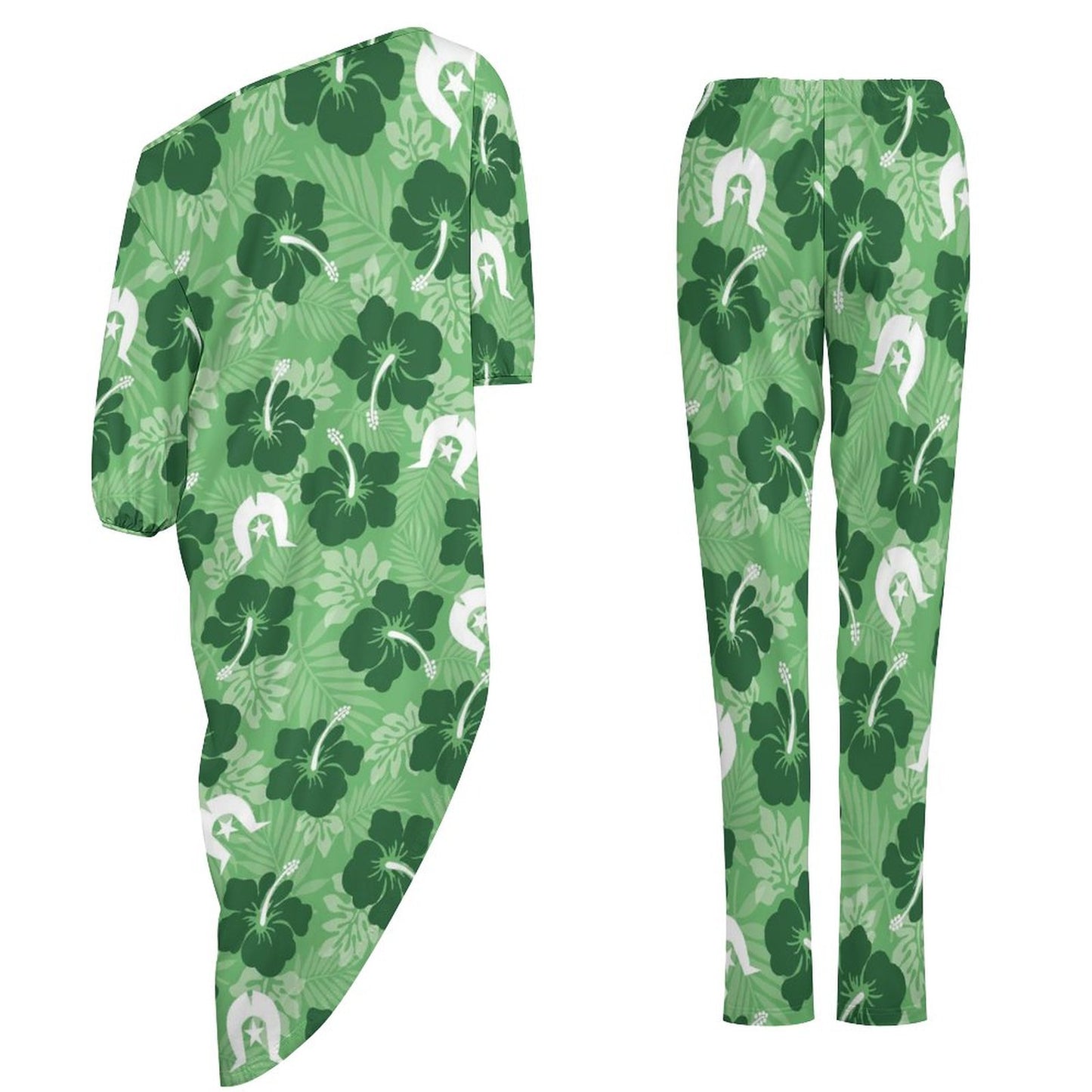 Hibiscus flowers with White Dhari (Sea Grass Green) on Diagonal Shoulder Two Piece Set