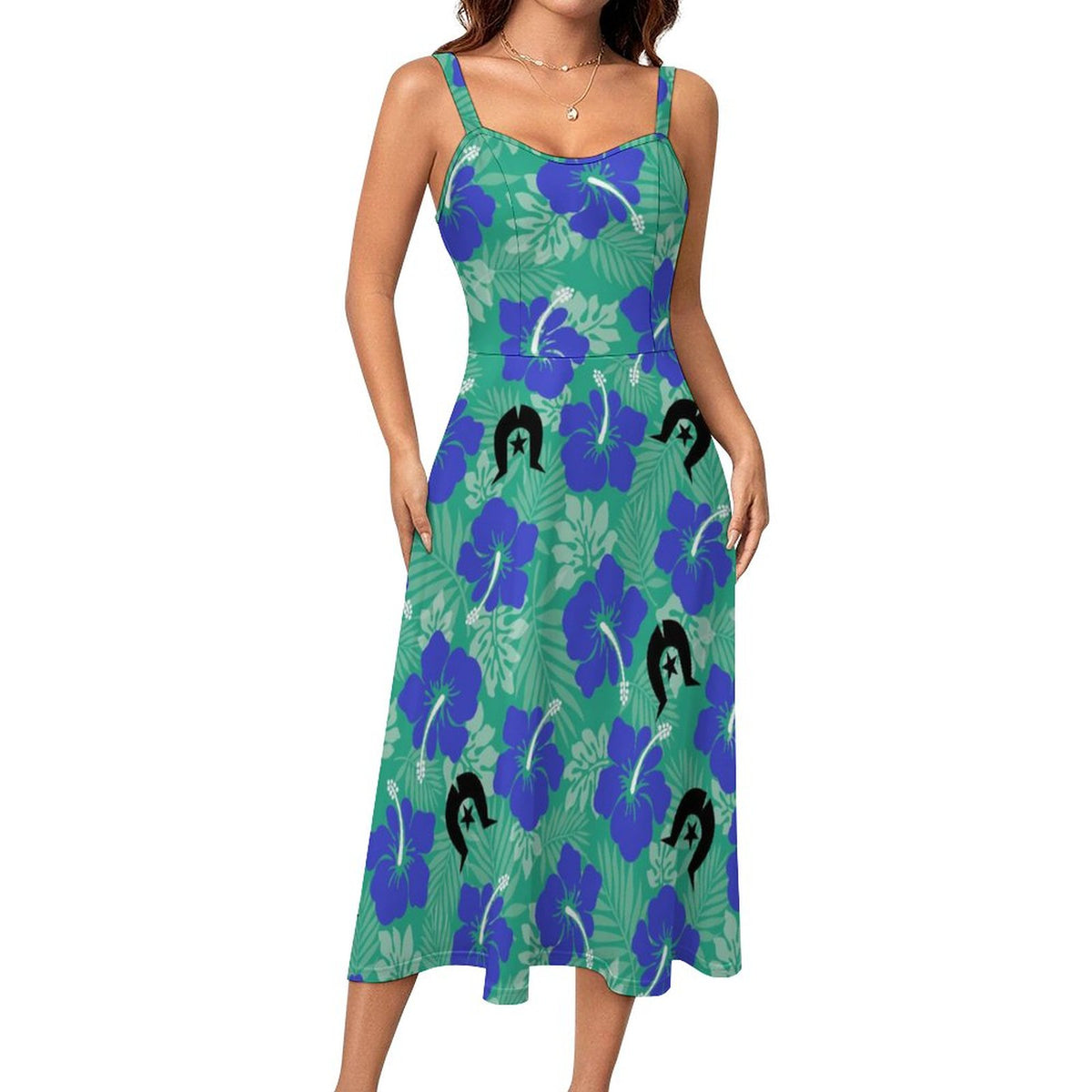 Royal Blue Hibiscus flowers with Black Dhari on Midi Spaghetti Strap Dress
