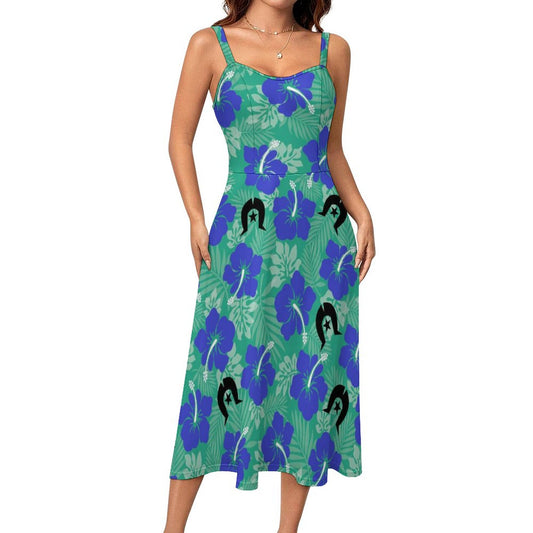 Royal Blue Hibiscus flowers with Black Dhari on Midi Spaghetti Strap Dress