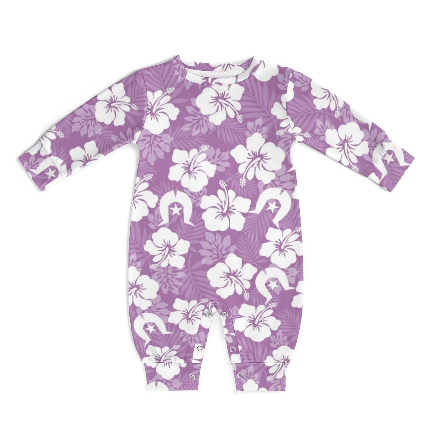 White Hibiscus and Dhari (Purple) on Baby Romper