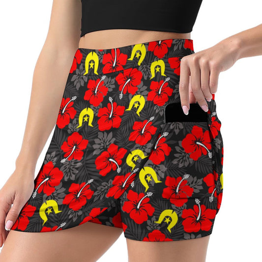 Royal Red Hibiscus with Yellow Dhari on Anti-peep Skort with Pocket AMQ