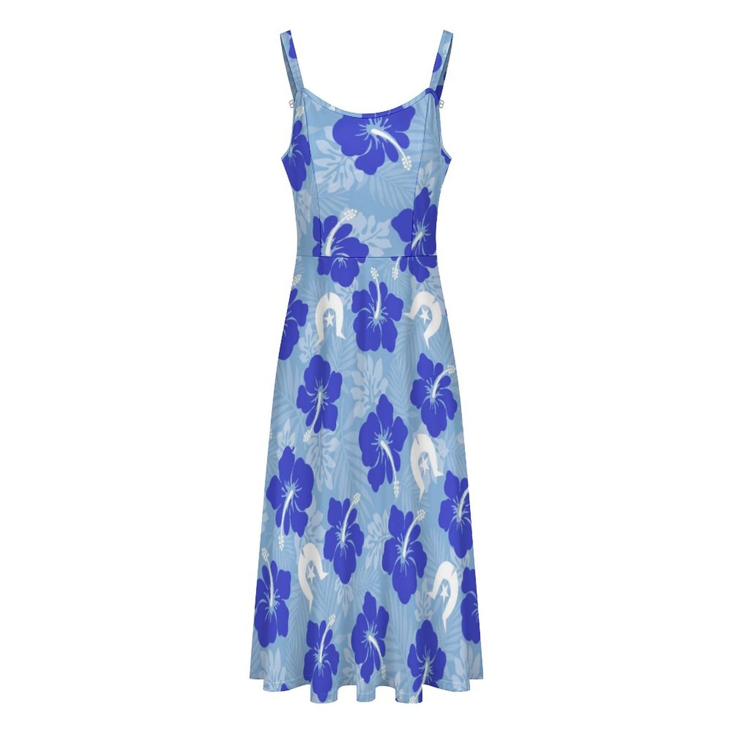 Hibiscus flowers with White Dhari (Sky blue) on Midi Spaghetti Strap Dress