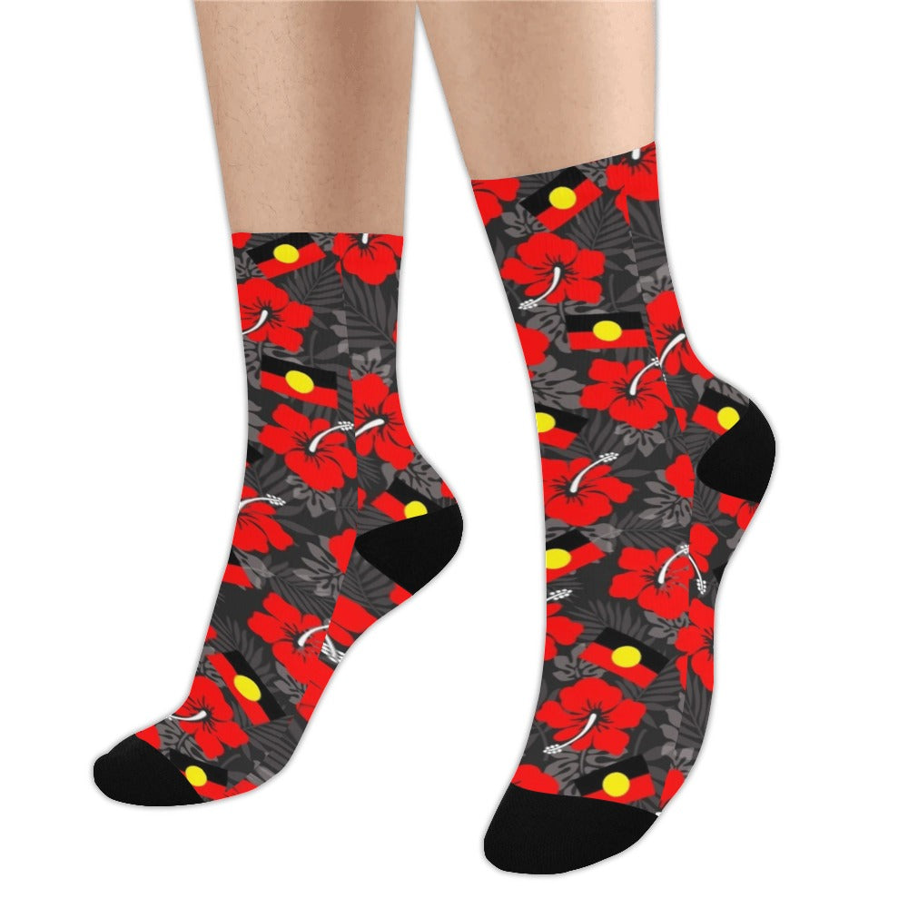 Royal Red Hibiscus and Aboriginal flag on Crew Socks (Made In AUS)