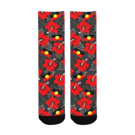 Royal Red Hibiscus and Aboriginal flag on Crew Socks (Made In AUS)