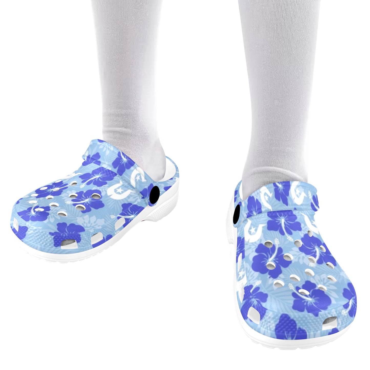 Hibiscus flowers with White Dhari (Sky blue) on Kids Clogs