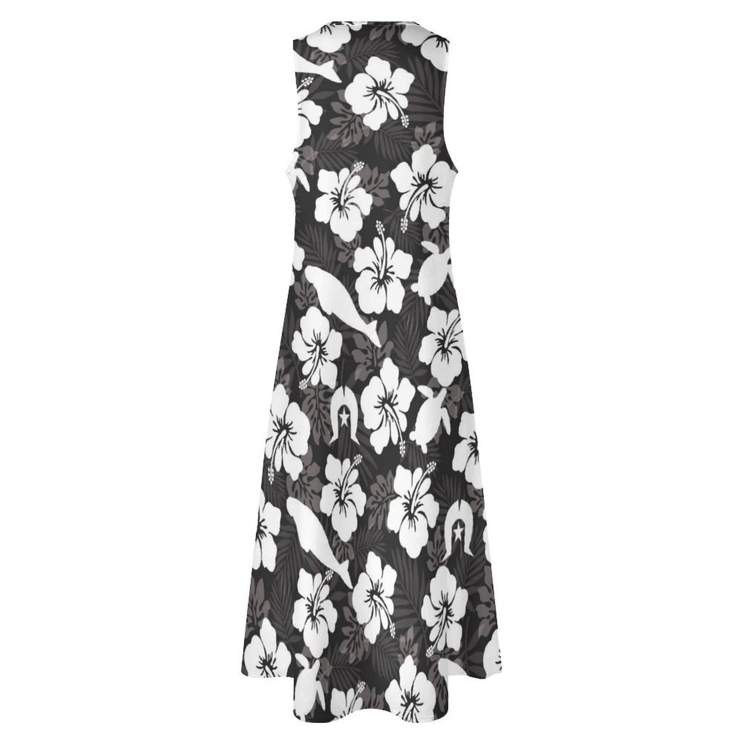 White hibiscus flowers with Dhari, Dugong and Turtle (Black) on Sleeveless Ankle-length Dress