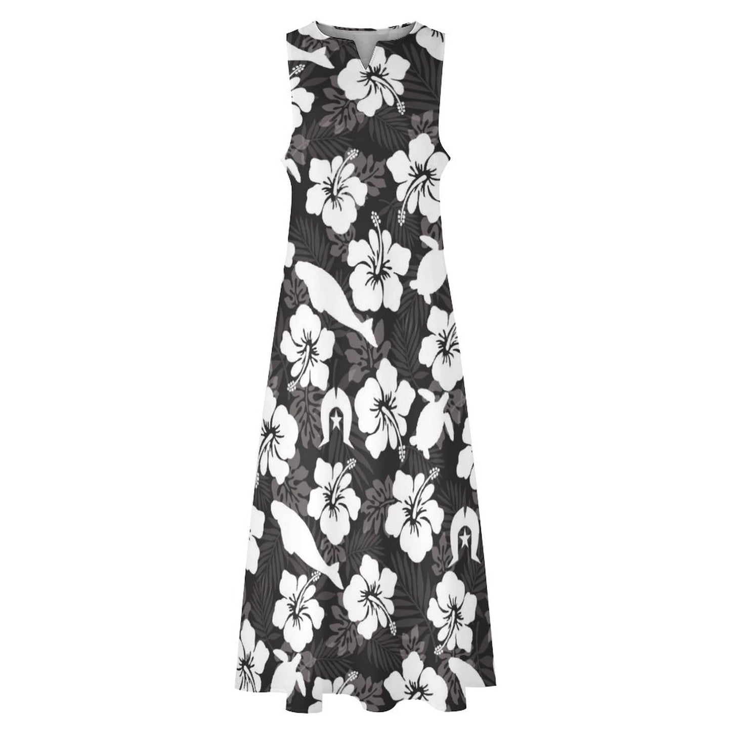 White hibiscus flowers with Dhari, Dugong and Turtle (Black) on Sleeveless Ankle-length Dress