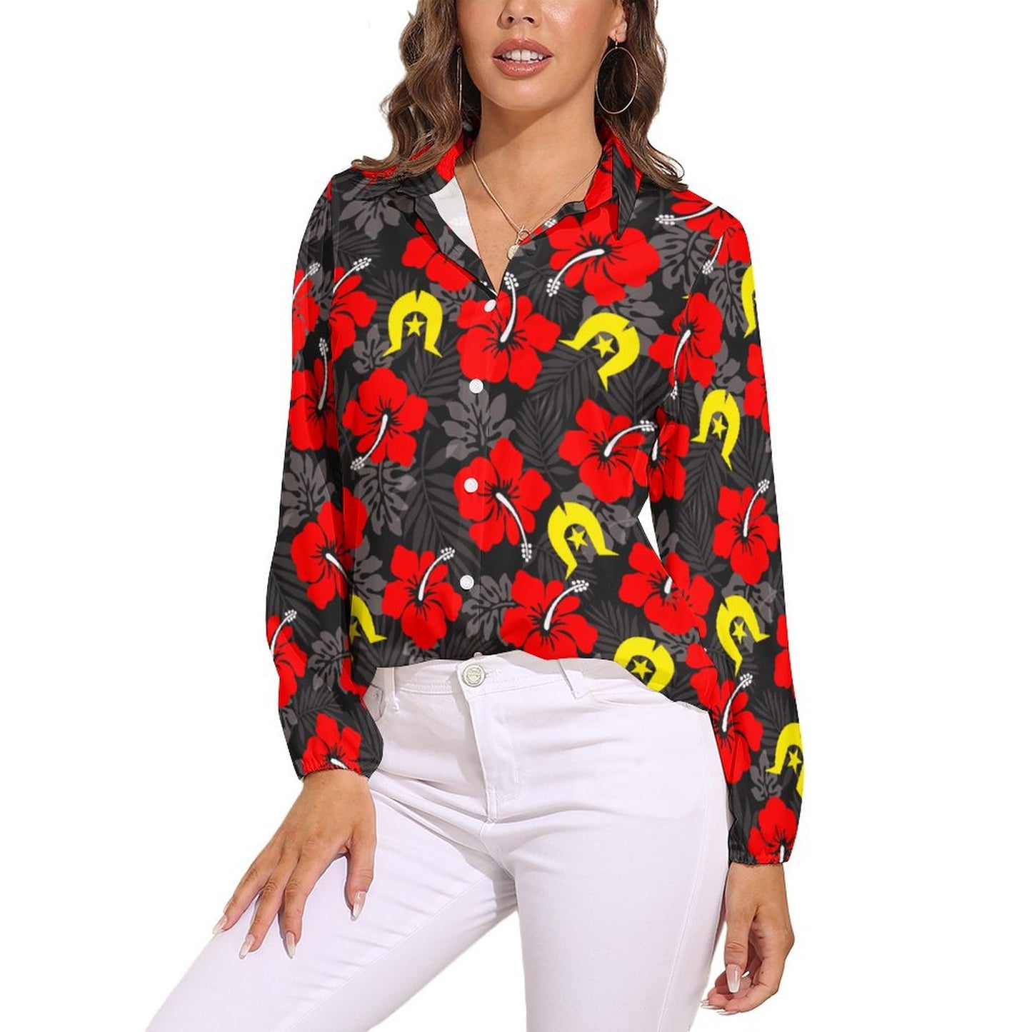 Royal Red Hibiscus with Yellow Dhari on Casual Long Sleeve Vintage Tour Shirt