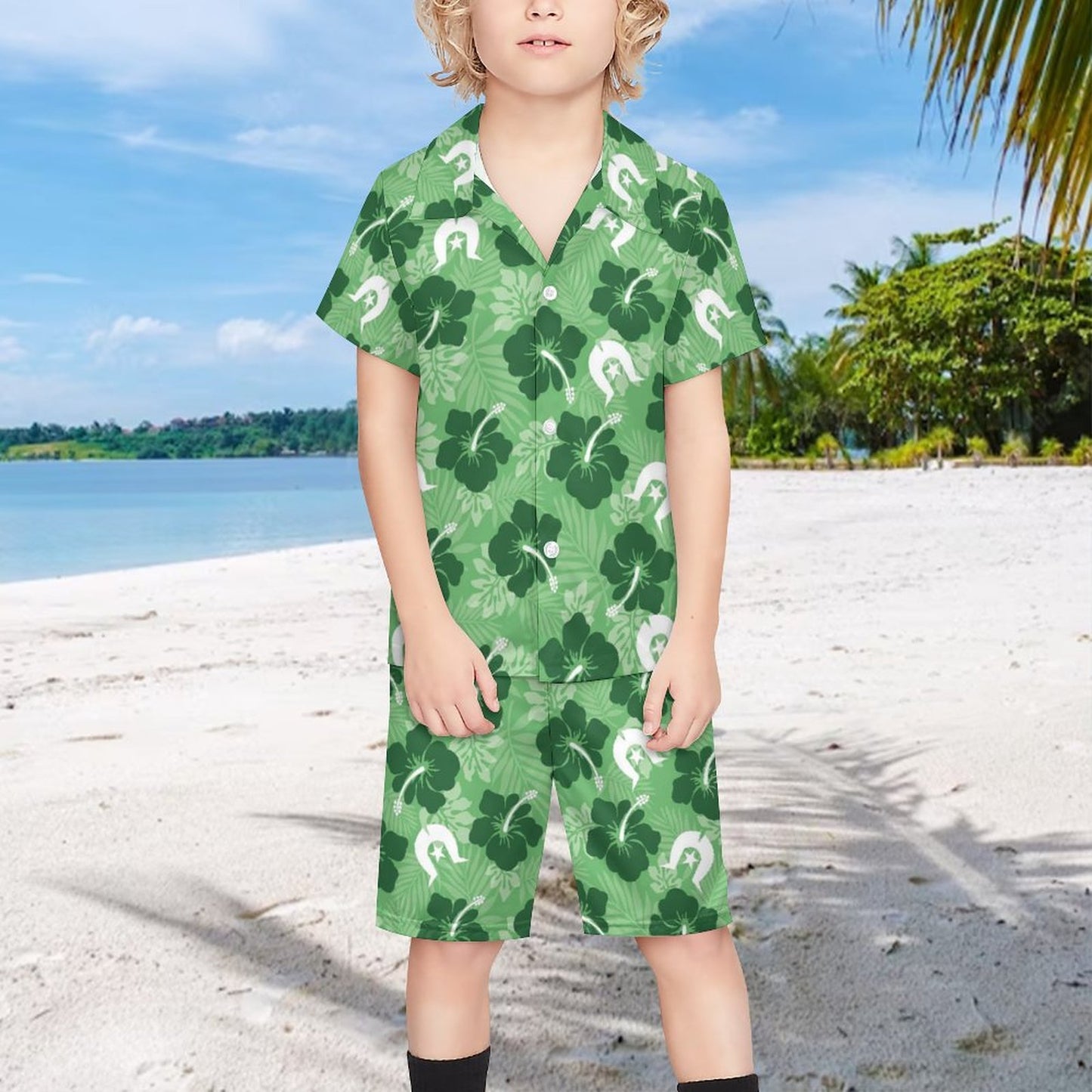 Hibiscus flowers with Dhari (Sea Grass Green) on Youth's/Kid's Casual Beach Outfit