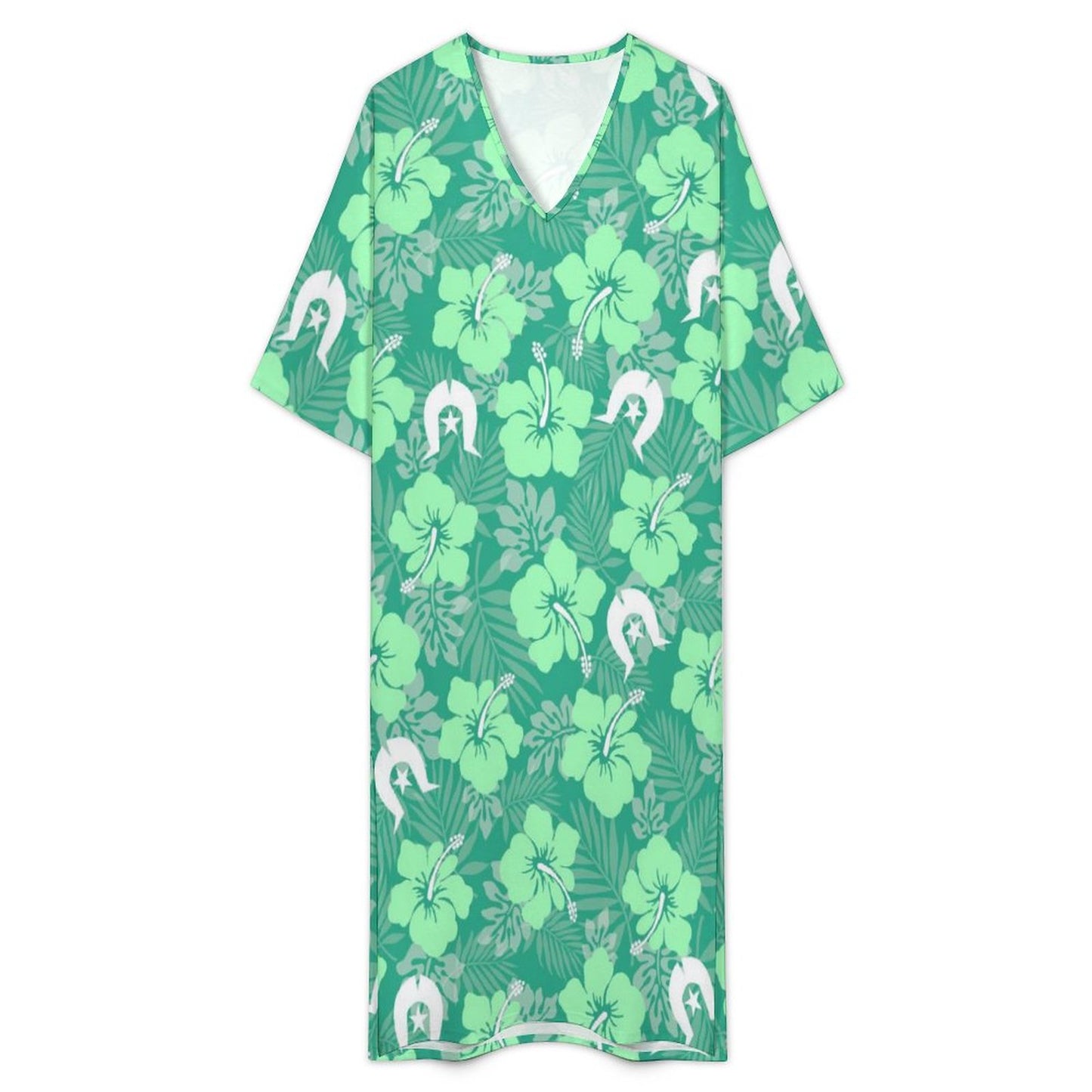 Hibiscus flowers with Dhari (Royal mint) on Mediterranean Style V Neck Mid-Sleeve Robe