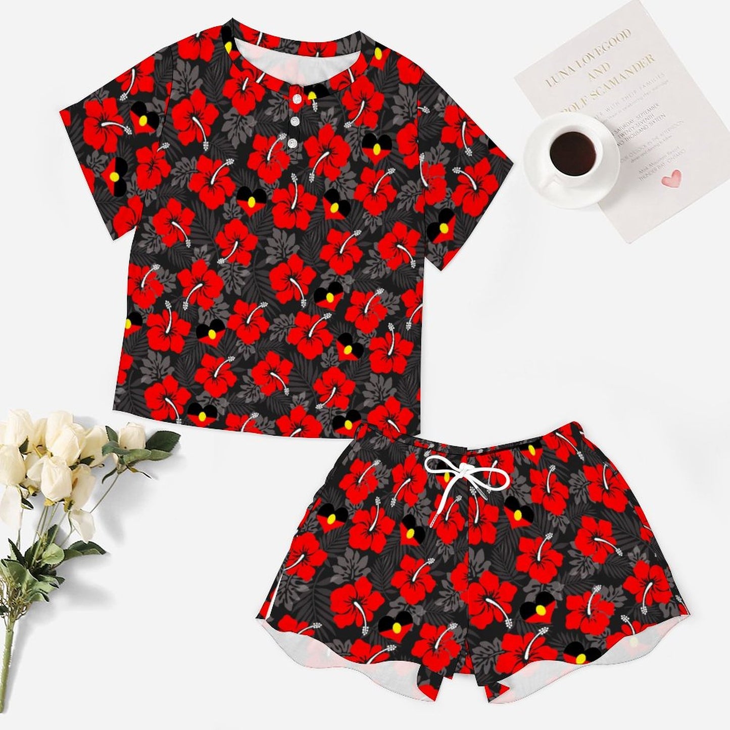 Royal Red Hibiscus and heart shaped Aboriginal flag on Short Sleeve Loungewear Set