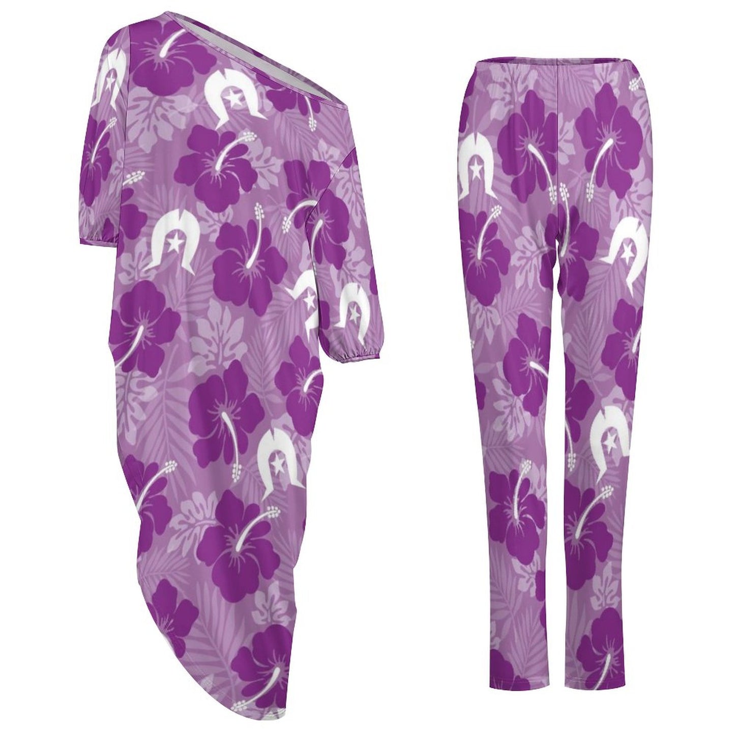 Hibiscus flowers with Dhari (Royal purple) on Diagonal Shoulder Two Piece Set