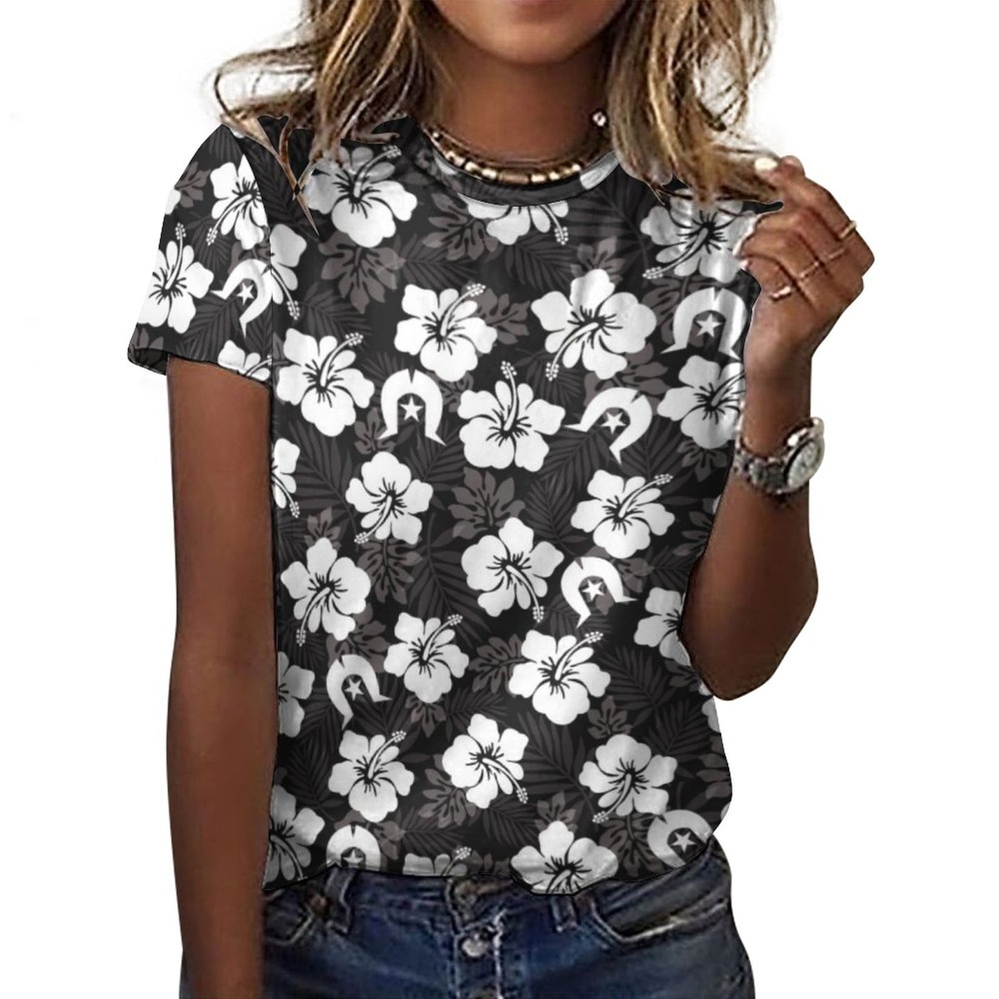 White Hibiscus and Dhari (Black) on Cotton Summer Short Sleeve T-Shirts for Women