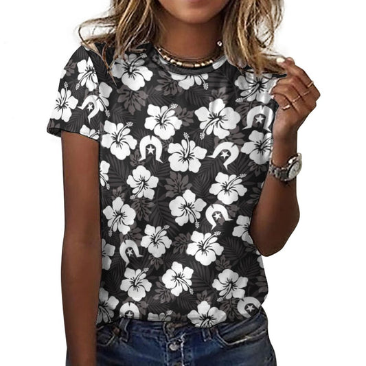 White Hibiscus and Dhari (Black) on Cotton Summer Short Sleeve T-Shirts for Women