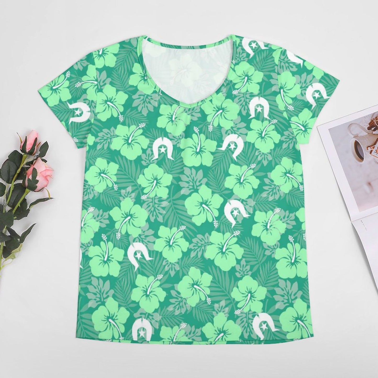 Hibiscus flowers with Dhari (Royal mint) on V-neck Short Sleeve T-Shirt