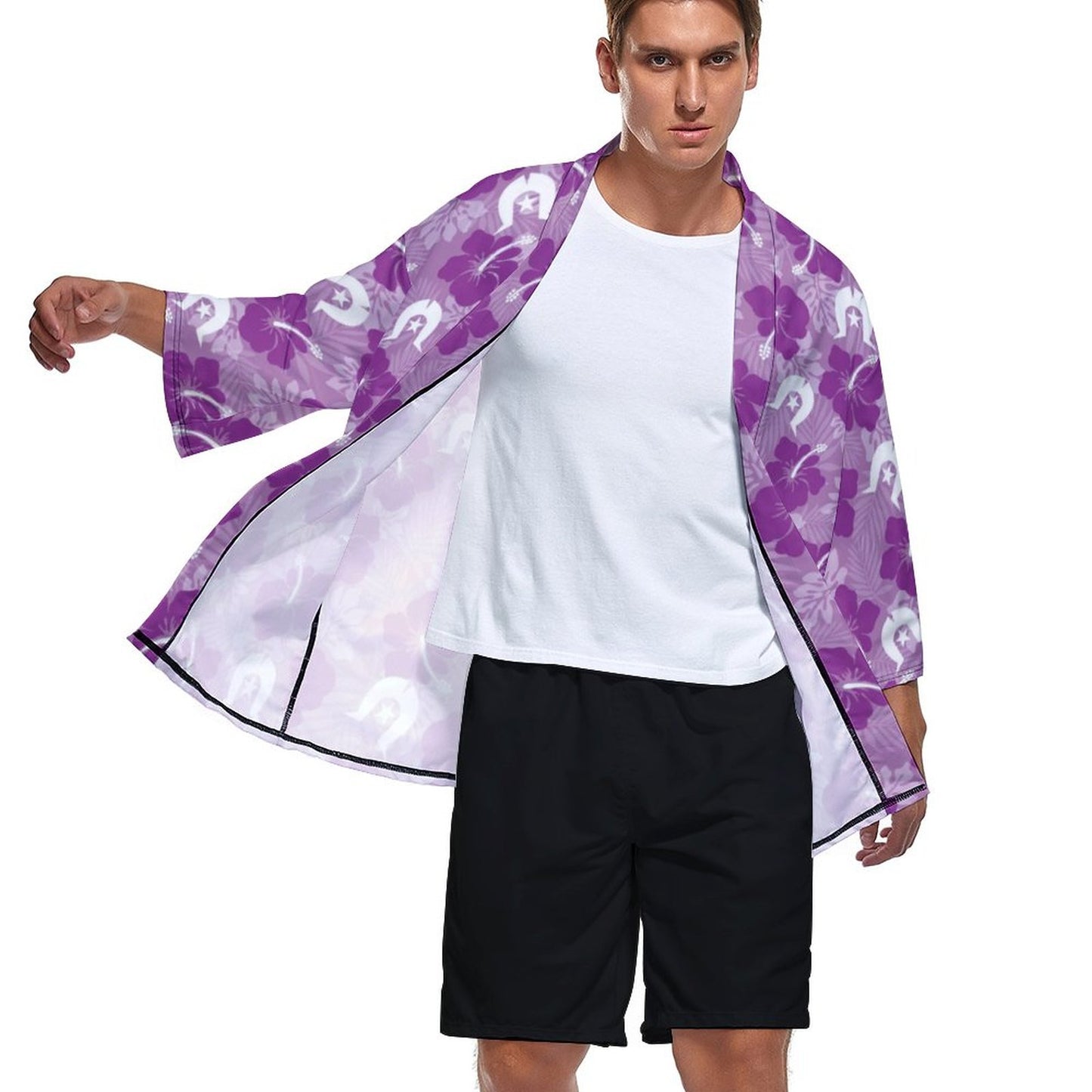 Hibiscus flowers with White Dhari (Royal purple) on Drop Shoulder Male Kimono Cardigan
