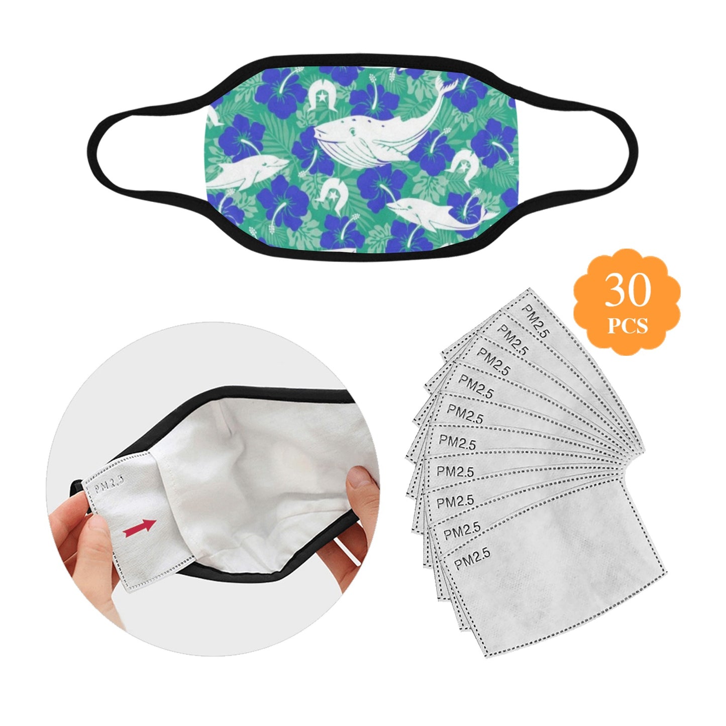 Royal Blue Hibiscus flowers with Whale, Dolphin and Dhari on  Fabric facemask (30 PCS Filters Included)