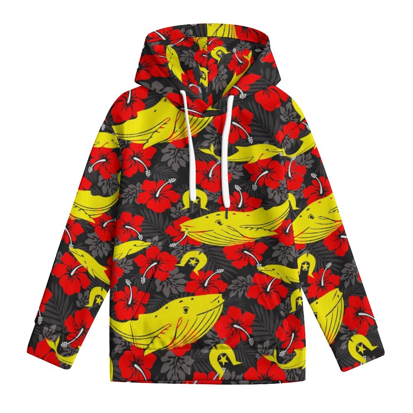 Royal Red Hibiscus with Yellow Dhari, Whale and Dolphin on Youth's Hoodie