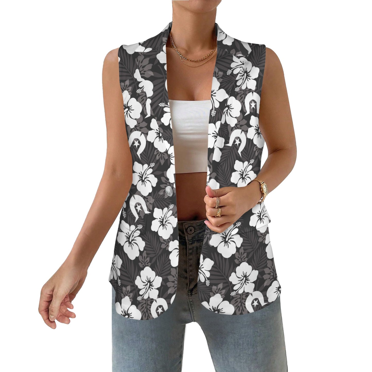 White Hibiscus and Dhari (Black) on Women Sleeveless Suit Vest