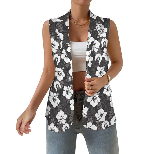 White Hibiscus and Dhari (Black) on Women Sleeveless Suit Vest