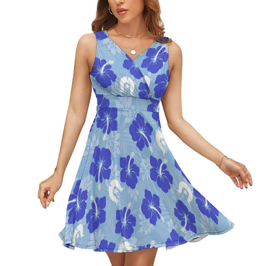 Hibiscus flowers with White Dhari (Sky blue) on Sleeveless High Waist Dress
