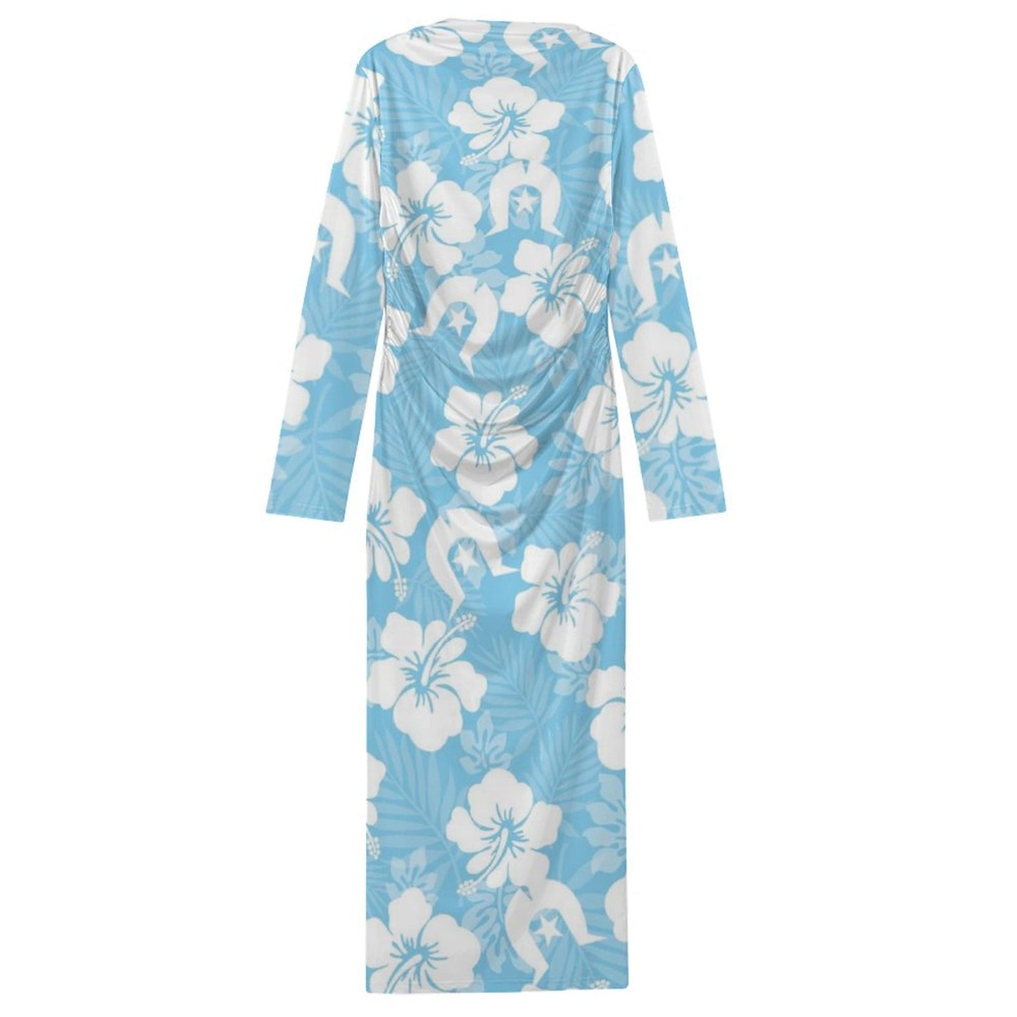 White Hibiscus and Dhari (blue) on Long-Sleeve Draped Bodycon Dress