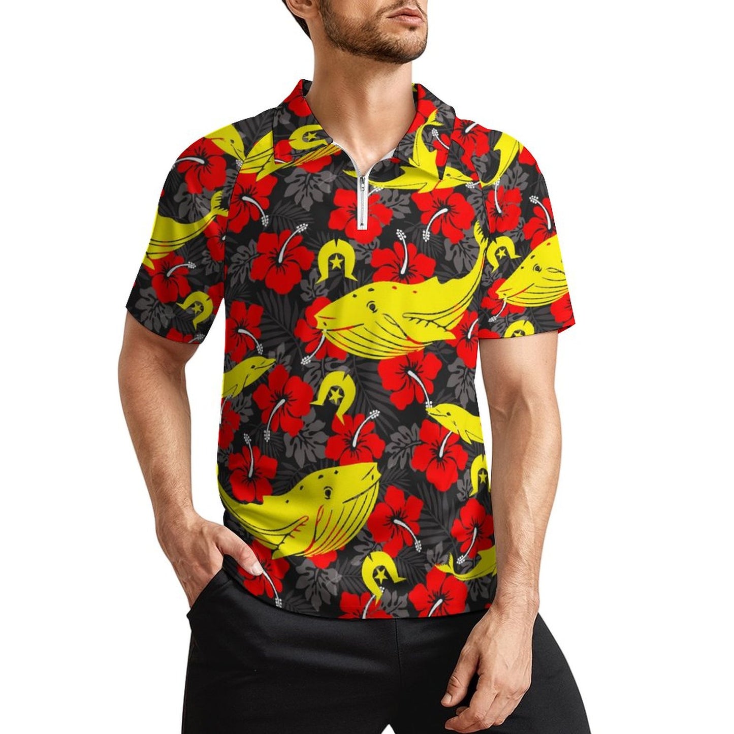 Royal Red Hibiscus with Yellow Dhari, Whale and Dolphin on Short Sleeved Sportswear Men's T Shirt