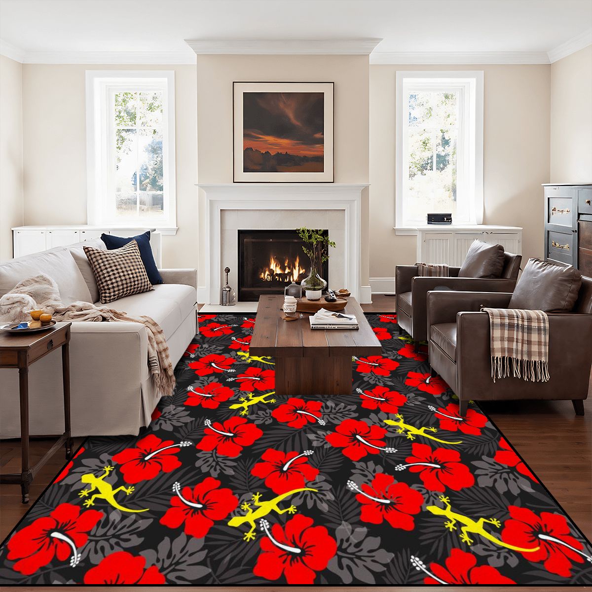 Royal Red Hibiscus flowers with Gecko on Large Area Rug Floor Carpet
