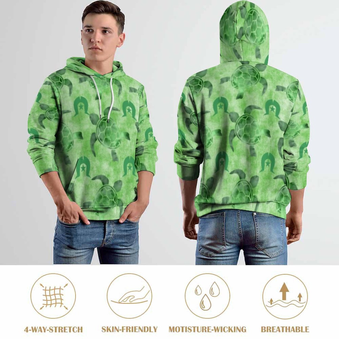 Green Turtle Pattern on Men's Cool Hoodie with Double-layer Cap