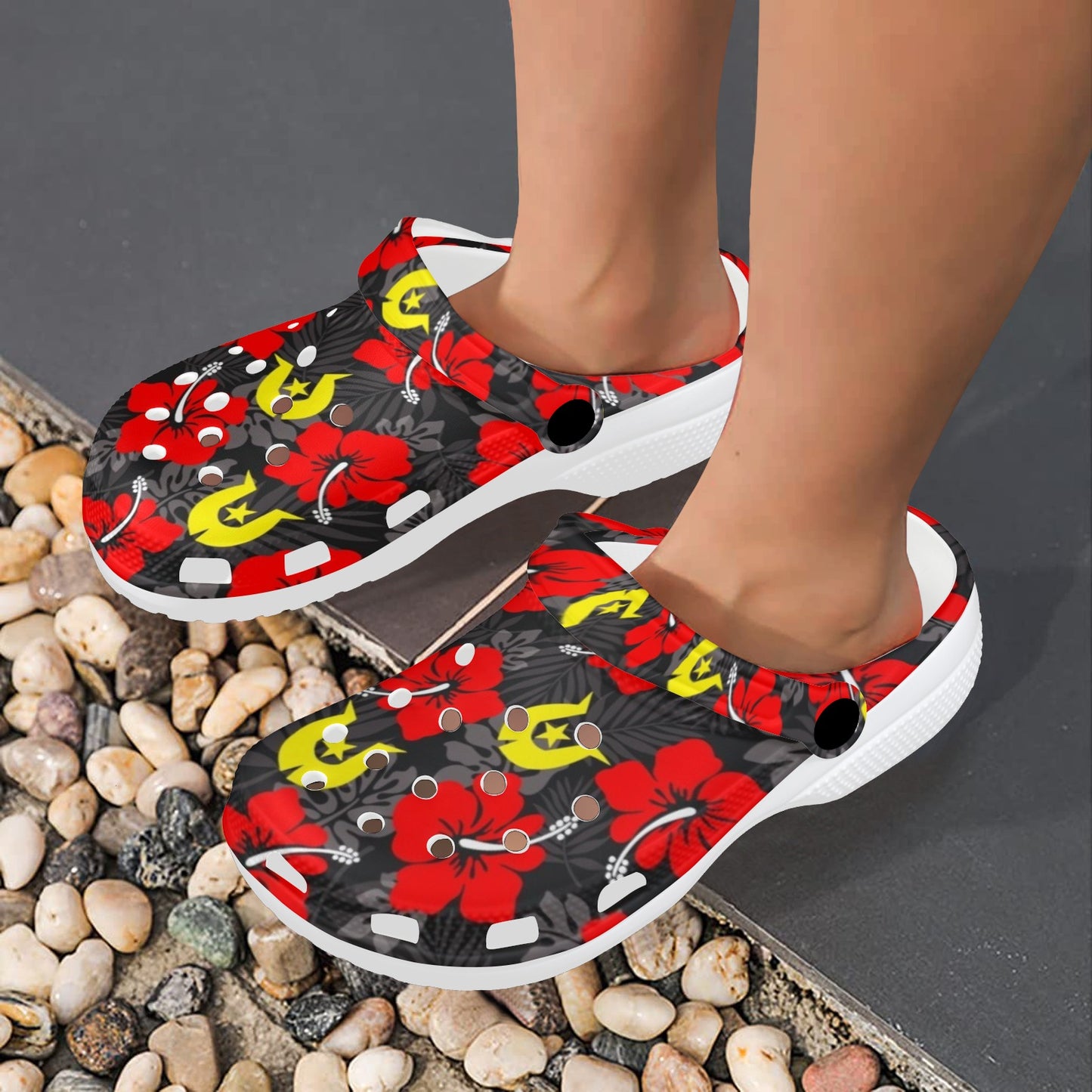 Royal Red Hibiscus with Yellow Dhari on Adults Clogs