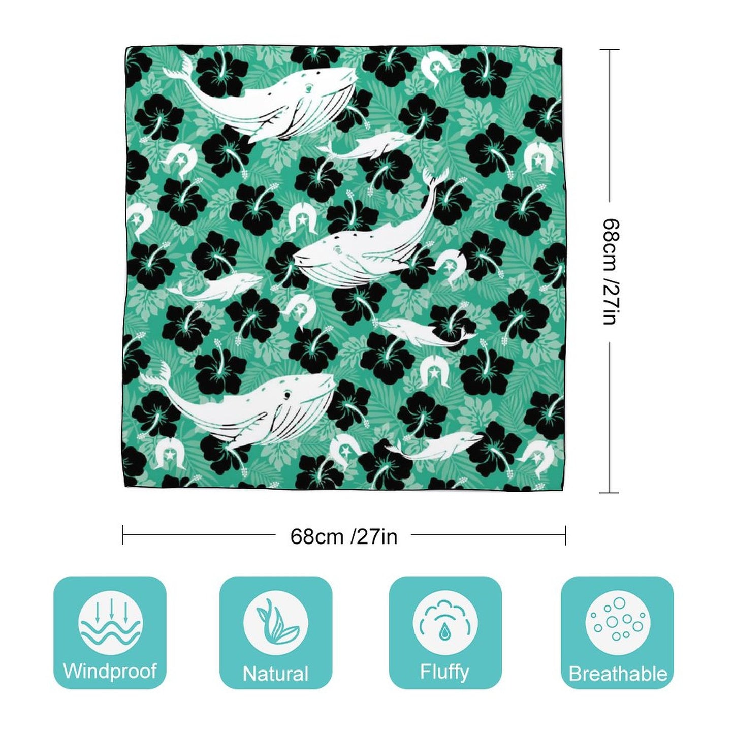 Black Hibiscus with Whale, Dolphin and Dhari on Women's Scarf