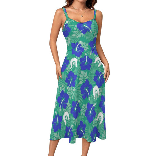 Blue Hibiscus flowers with Dhari on Midi Spaghetti Strap Dress
